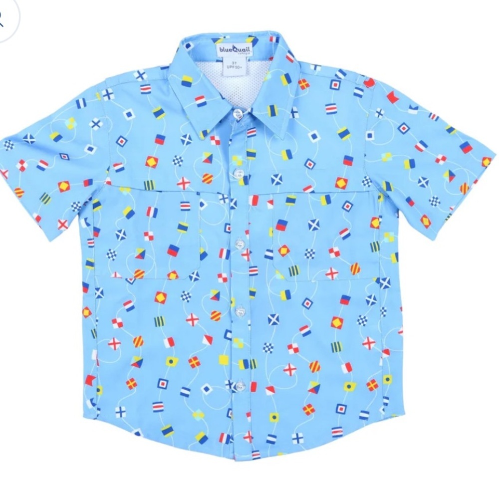 NWT Blue Quail Short Sleeve UFP 50 Fishing Shirt in Nautical Flag Print, Size 5